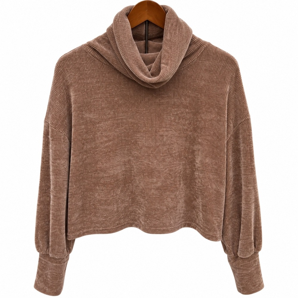 If She Loves Womens L Brown Chenille Cowl Neck Cropped Sweater Balloon Sleeve